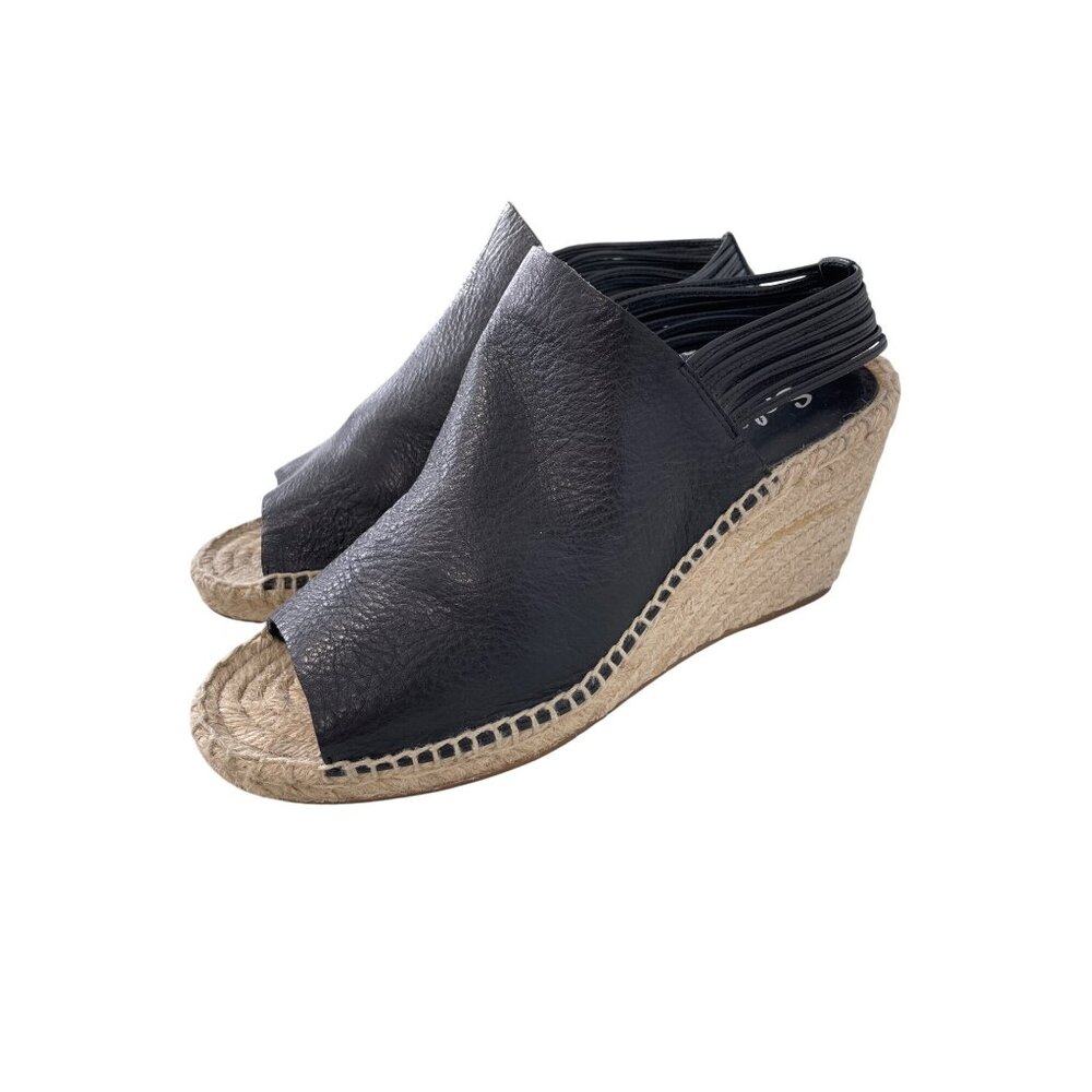 Splendid Simon Espadrille Wedge Sandals Size 9 Peep Toe Slingback Black Leather